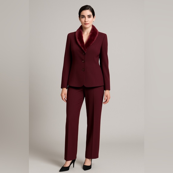 Danny & Nicole Burgundy Pant Suit Faux Fur Collar Blazer Size 12/14 - Picture 1 of 10
